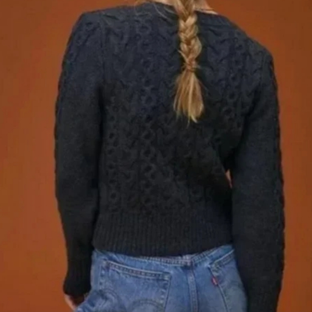 Anthropologie Maeve Cable Knit Fuzzy Shrunken Cardigan Sweater Gray Medium - Picture 3 of 6